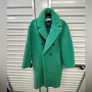 Teal Green Teddy Shearling Coat Zara XS